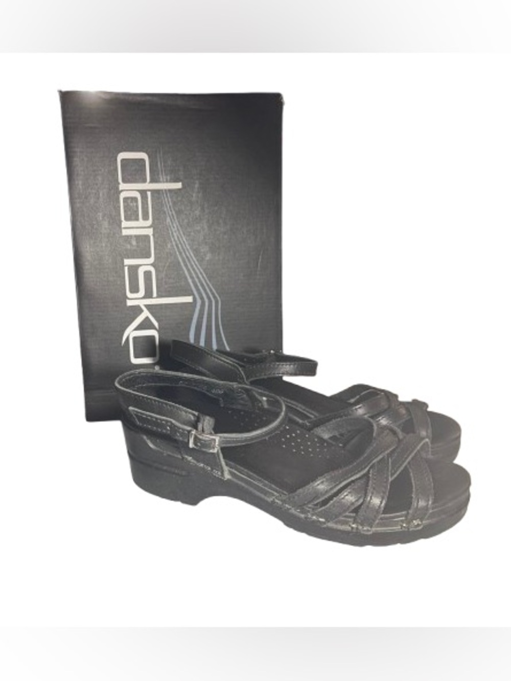 Dansko Sissy Black Leather Strappy Wedge Sandals EU 38 US 7.5-8 With Box